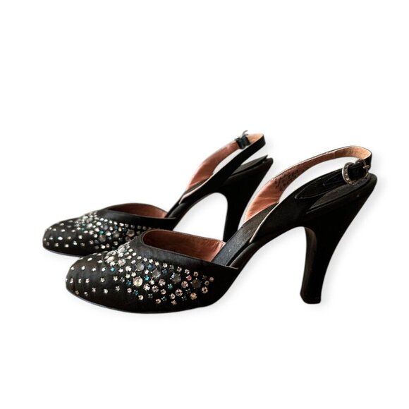 Vintage Saks-Fifth Avenue/Fenton Footwear Black Satin Beaded Slingback Pumps, 8A - Picture 1 of 15
